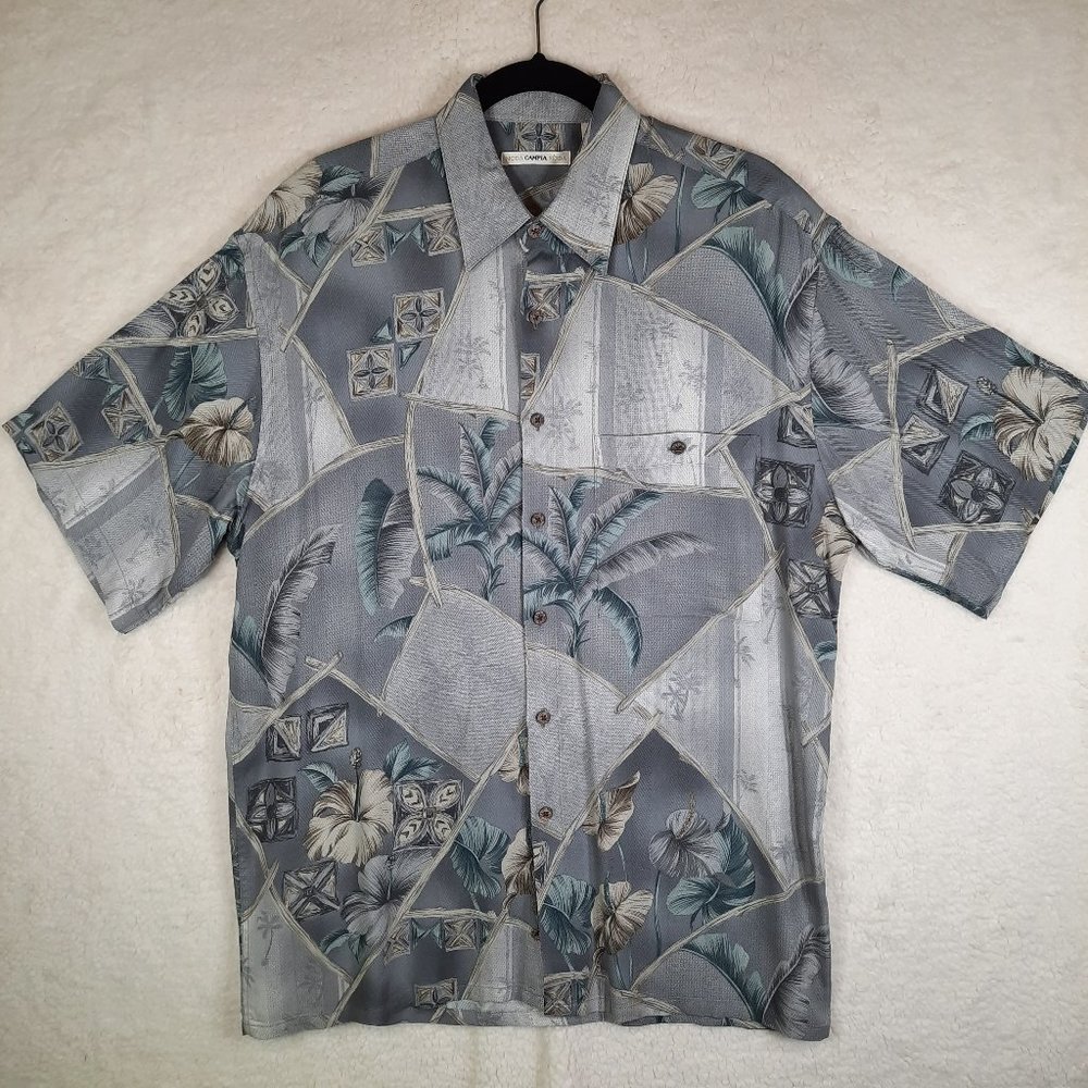 Men's Campia Moda Medium Gray Palm- Orchid Short Sleeve Hawaiian Button-Up EUC